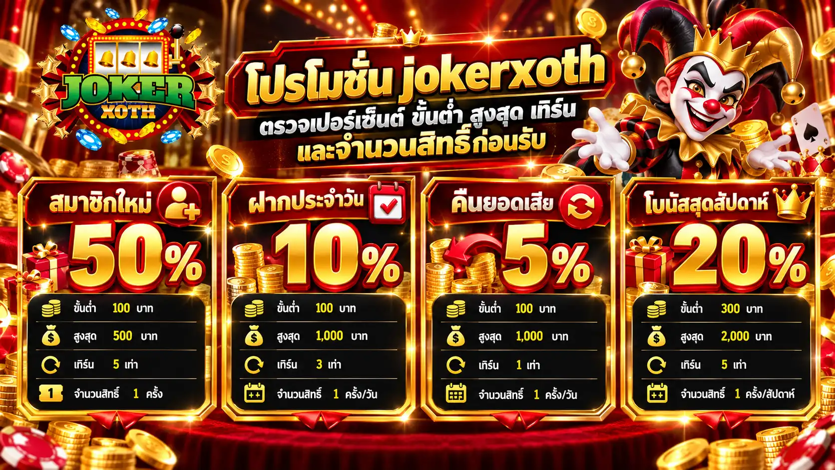 โปรโมชั่น jokerxoth สมาชิกใหม่ 50 ฝากประจำวัน 10 คืนยอดเสีย 5 และโบนัสสุดสัปดาห์ 20 เปอร์เซ็นต์